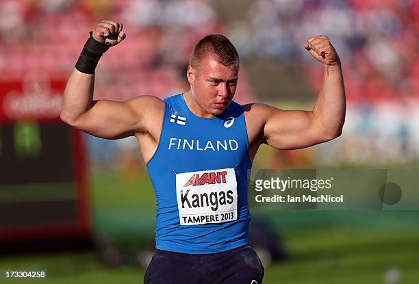 Arttu Kangas of Finland celebrates after a good throw during the Finla of the Men's Shot Put during day one of The European Athletics U23...