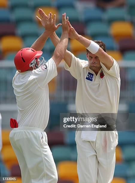 Mark Harrity of the Redbacks celebrates the wicket of Stuart Law of the Bulls during the Pura Cup match between the Queensland Bulls and Southern...