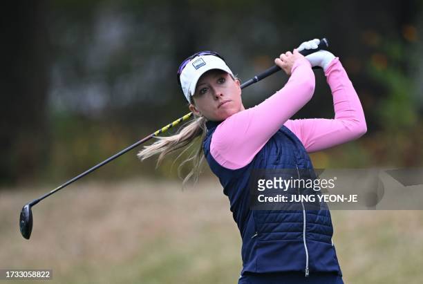 England's Jodi Ewart Shadoff tees off on the 3rd hole during the first round of the BMW Ladies Championship golf tournament at Seowon Hills Country...
