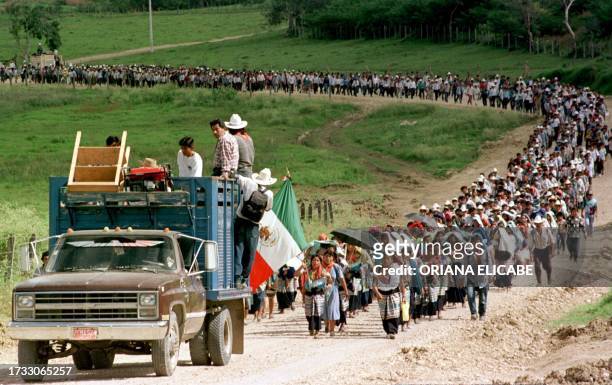 Hundreds of indians from various indigenous communities and supporters of the Zapatista National Liberation Army march to the quarters of the 39th...