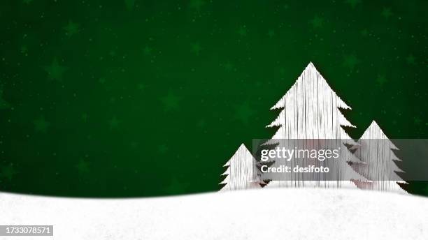 horizontal dark green colored christmas or xmas wallpaper with texture and small stars as watermark all over pattern and three coniferous trees with light smudged bottom edge border like snowy snow - emerald stock illustrations