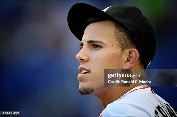 Pitcher Jose Fernandez of the Miami Marlins looks on during a MLB game against the Atlanta Braves at Marlins Park on July 8, 2013 in Miami, Florida.