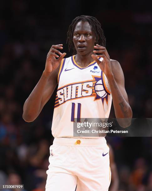 Bol Bol of the Phoenix Suns during the NBA game at Footprint Center on October 10, 2023 in Phoenix, Arizona. The Nuggets defeated the Suns 115-107....