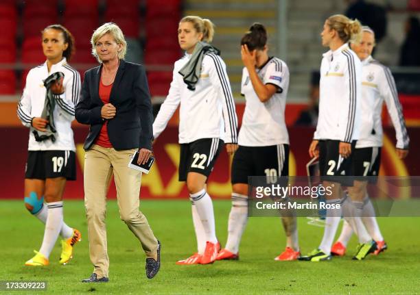 Silvia Neid, head coach of Germany looks dejected after the UEFA Women's Euro 2013 group B match at Vaxjo Arena on July 11, 2013 in Vaxjo, Sweden.