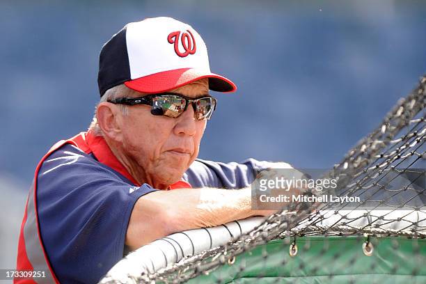Manager Davey Johnson of the Washington Nationals looks on during batting practice of a baseball game against the Milwaukee Brewers on July 1, 2013...