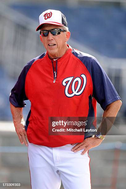 Manager Davey Johnson of the Washington Nationals looks on before a baseball game against the Milwaukee Brewers on July 1, 2013 at Nationals Park in...