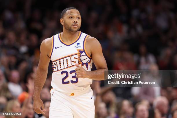 Eric Gordon of the Phoenix Suns reacts to a three-point shot against the Denver Nuggets during the NBA game at Footprint Center on October 10, 2023...