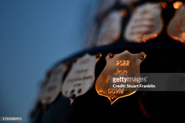 Detail view of the trophy bearing the name of the 2002 winner Joh Rahm of Spain on Day Two of the acciona Open de Espana presented by Madrid at Club...
