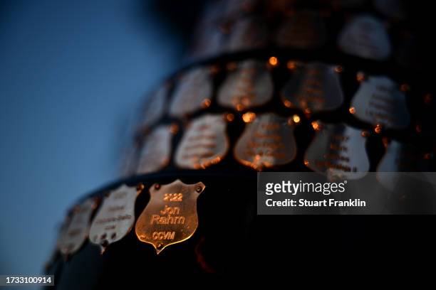 Detail view of the trophy bearing the name of the 2002 winner Joh Rahm of Spain on Day Two of the acciona Open de Espana presented by Madrid at Club...