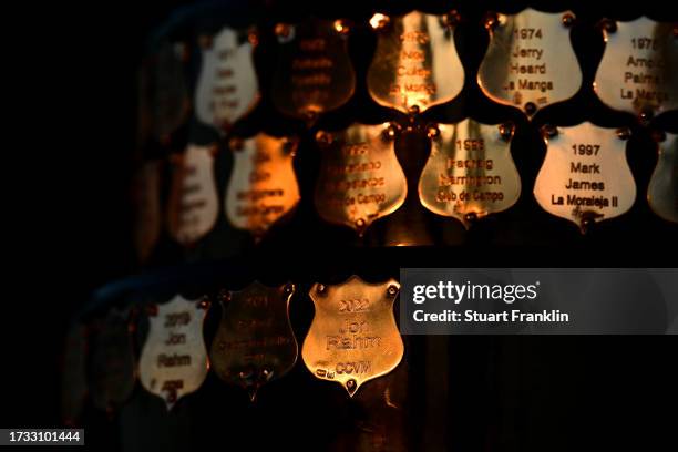 Detail view of the trophy bearing the name of the 2002 winner Joh Rahm of Spain on Day Two of the acciona Open de Espana presented by Madrid at Club...