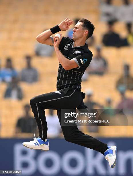 Trent Boult of New Zealand in bowling action during the ICC Men's Cricket World Cup India 2023 between New Zealand and Bangladesh at MA Chidambaram...