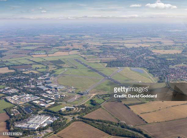 In an aerial view, Cranfield Airport, a hub of innovation and aviation excellence on September 11 in Cranfield, United Kingdom.