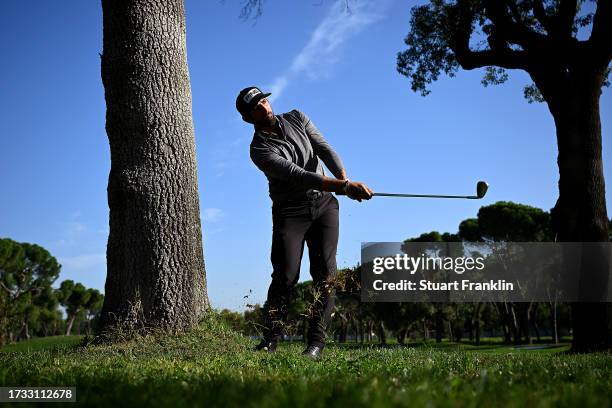 Matthieu Pavon of France plays his second shot on the 14th hole on Day Two of the acciona Open de Espana presented by Madrid at Club de Campo Villa...