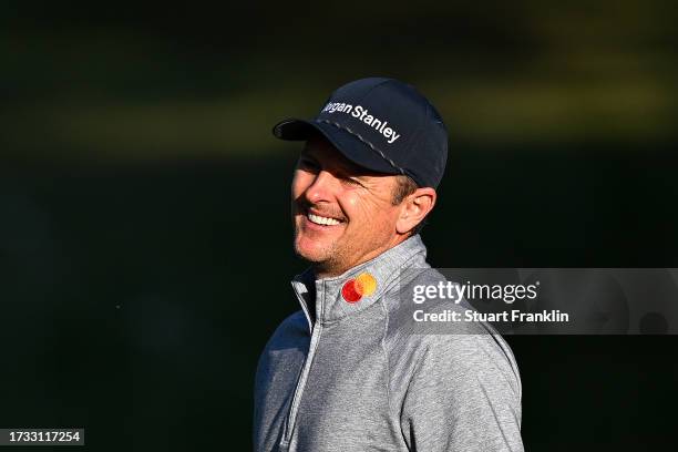 Justin Rose of England reacts on the 12th hole on Day Two of the acciona Open de Espana presented by Madrid at Club de Campo Villa de Madrid on...