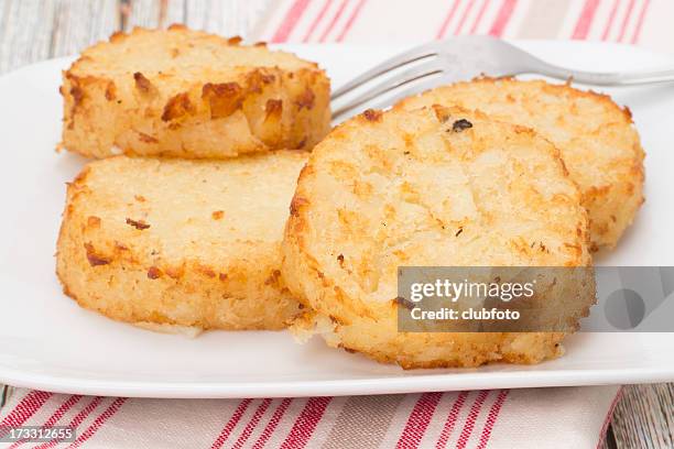 potato rosti cakes - hash brown stock pictures, royalty-free photos & images