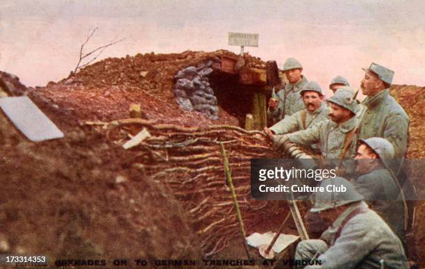 Battle of Verdun . 21st of February  18th of December 1916. French soldiers firing grenades in the German trenches. English version of postcard with...