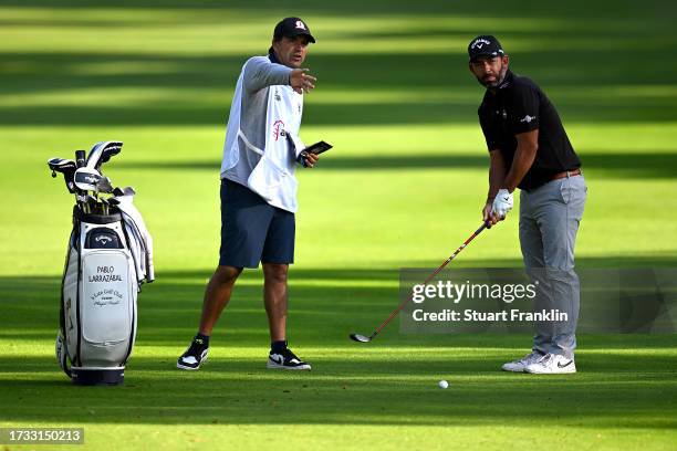 Pablo Larrazabal of Spain lines up a shot on the 14th hole on Day Two of the acciona Open de Espana presented by Madrid at Club de Campo Villa de...