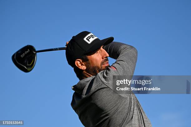 Matthieu Pavon of France tees off on the 13th hole on Day Two of the acciona Open de Espana presented by Madrid at Club de Campo Villa de Madrid on...