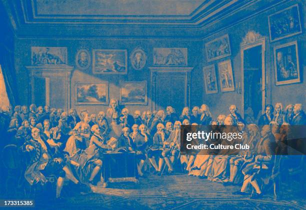 Reading of Voltaire's play 'Orphelin de la Chine' at salon of Madame Geoffrin in presence of well-known 18th century men. At lectern, the actor...