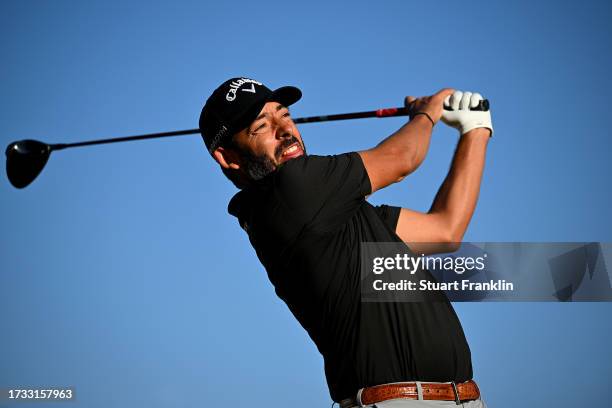 Pablo Larrazabal of Spain tees off on the 13th hole on Day Two of the acciona Open de Espana presented by Madrid at Club de Campo Villa de Madrid on...