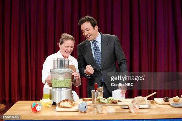 Episode 862 -- Pictured: Chef April Bloomfield with host Jimmy Fallon during a demo on July 11, 2013 --