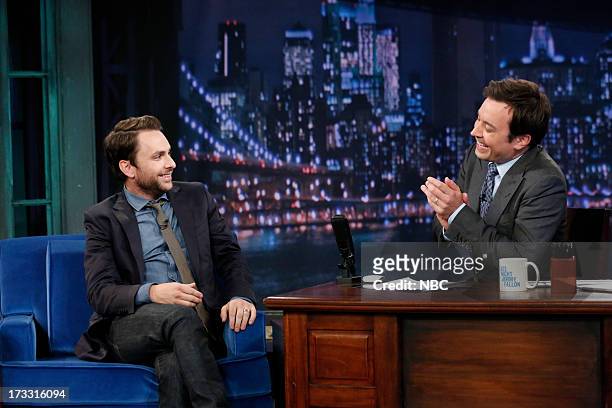 Episode 862 -- Pictured: Actor Charlie Day with host Jimmy Fallon during an interview on July 11, 2013 --
