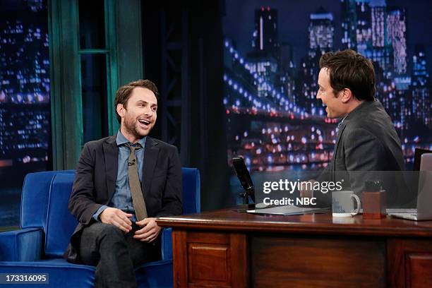 Episode 862 -- Pictured: Actor Charlie Day with host Jimmy Fallon during an interview on July 11, 2013 --