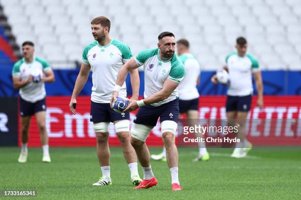 Runs through drills during the Ireland captain's run ahead of their Rugby World Cup France 2023 match against New Zealand at Stade de France on...