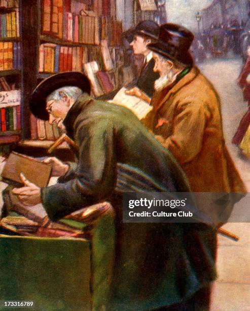 Bookstall, London. After black and white drawing by Edward King. Early 20th century. 'Town Life' series.