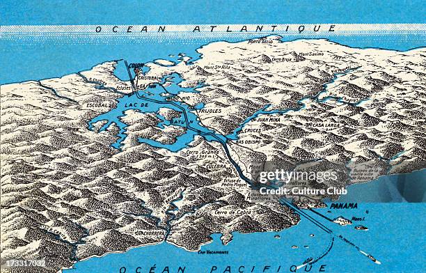 Map of Panama Canal. Constructed between 1881 and 1914 across the Isthmus of Panama . Early 20th century.