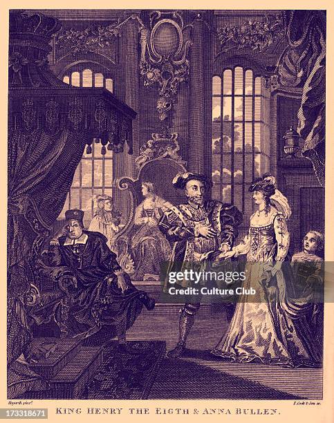 King Henry VIII and Anne Boleyn by William Hogarth. Engraved by T. Cook & son. Boleyn spelt 'Bullen'. 1729. HVIII: King of England from 21 April 1509...