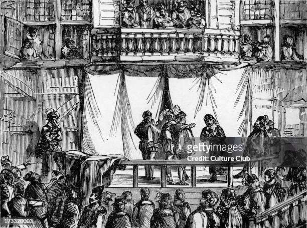 History of British theatre: early playhouse from 1570 Early English Elizabethan theatres . Note audience standing around stage and looking through...