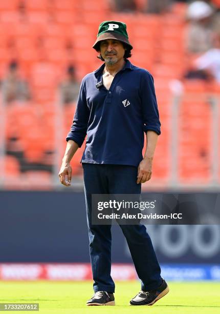 Ramiz Raja looks on during the ICC Men's Cricket World Cup India 2023 India & Pakistan Net Sessions at Narendra Modi Stadium on October 13, 2023 in...