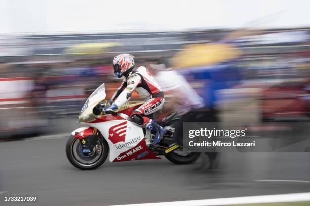 Ai Ogura of Japan and Idemitsu Honda Team Asiaarrives on the grid during the Moto2 race during the MotoGP of Japan - Race at Twin Ring Motegi on...