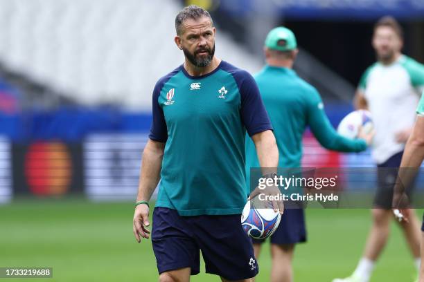 Head coach Andy Farrell looks on during the Ireland captain's run ahead of their Rugby World Cup France 2023 match against New Zealand at Stade de...