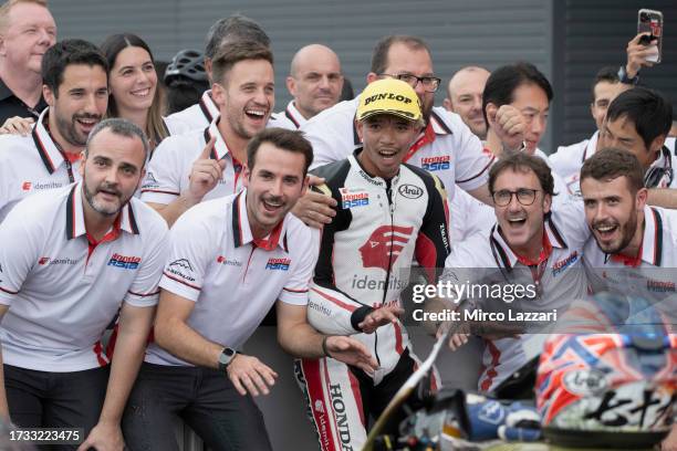 Somkiat Chantra of Thailand and Idemitsu Honda Team Asia celebrates the victory during the Moto2 race during the MotoGP of Japan - Race at Twin Ring...