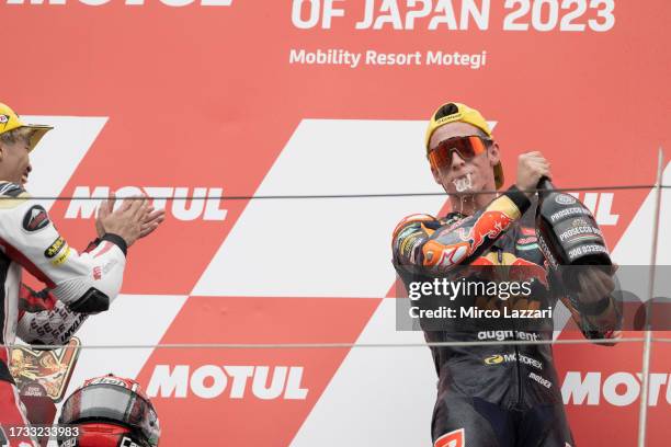 Pedro Acosta of Spain and Red Bull KTM Ajo celebrates the third place on the podiumduring the Moto2 race during the MotoGP of Japan - Race at Twin...