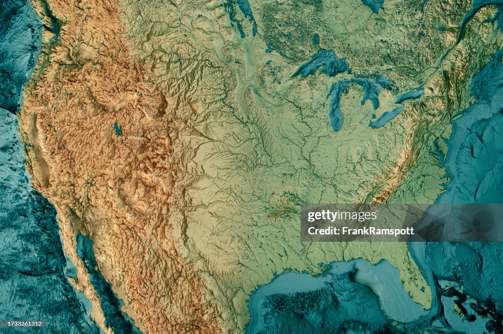United States Bathymetric Map 3D Render Color