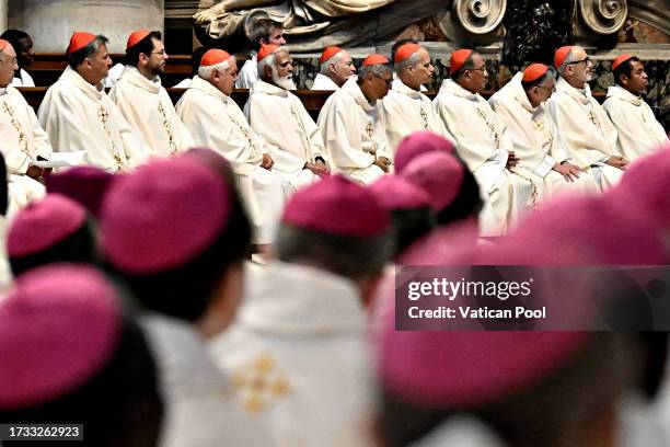 Cardinals and bishops attend a Mass for 16th Ordinary General Assembly of the Synod of Bishops at St. Peter's Basilica on October 13, 2023 in Vatican...