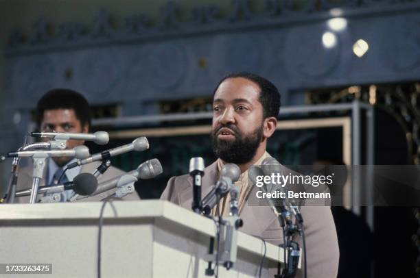 Wallace Muhammad , American Black Muslim leader, speaking at a press conference in Chicago, Illinois, March 1977.