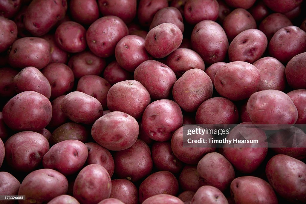 Close up view of red potatoes at roadside stand