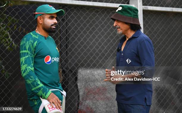 Ramiz Raja interact with Babar Azam of Pakistan during the ICC Men's Cricket World Cup India 2023 India & Pakistan Net Sessions at Narendra Modi...