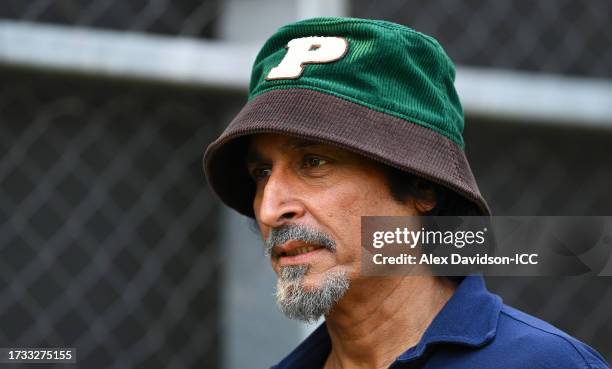 Ramiz Raja looks on during the ICC Men's Cricket World Cup India 2023 India & Pakistan Net Sessions at Narendra Modi Stadium on October 13, 2023 in...