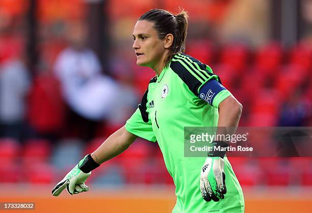 Nadine Aangerer, goalkkeeper of Germany gestures during the UEFA Women's Euro 2013 group B match at Vaxjo Arena on July 11, 2013 in Vaxjo, Sweden.