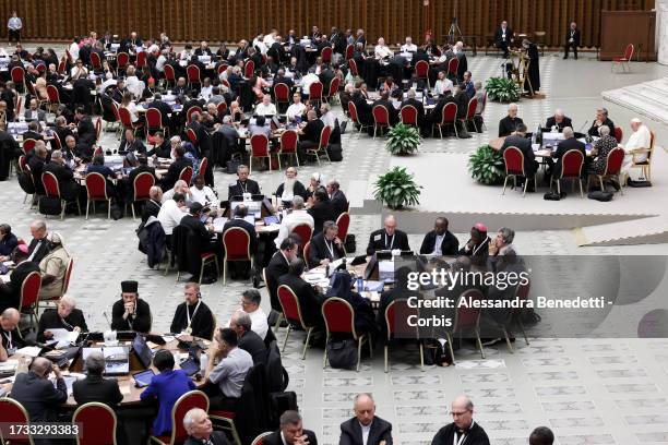 Pope Francis attends the 8th General Congregation during the XVI Ordinary General Assembly of the Synod of Bishops, on October 13, 2023 in Vatican...