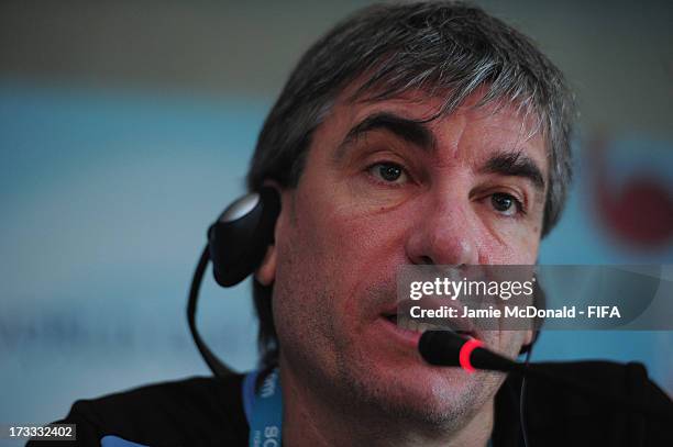 The coach of Uruguay Juan Verzeri talks to the media during a FIFA U-20 World Cup pre final press conference at the Ritz Carlton on July 12, 2013 in...