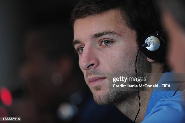The captain of Uruguay Gaston Silva talks to the media during a FIFA U-20 World Cup pre final press conference at the Ritz Carlton on July 12, 2013...