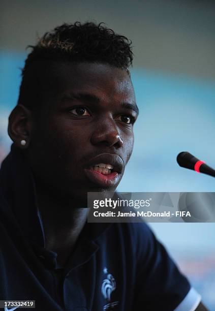 Paul Pogba the captain of France talks to the media during a FIFA U-20 World Cup pre final press conference at the Ritz Carlton on July 12, 2013 in...