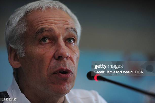 Pierre Mankowski coach of France talks to the media during a FIFA U-20 World Cup pre final press conference at the Ritz Carlton on July 12, 2013 in...