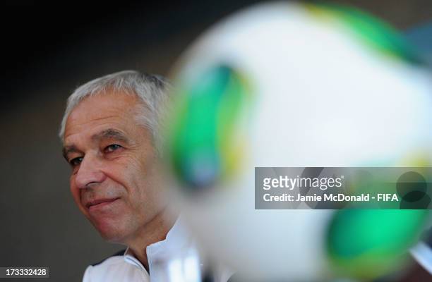Pierre Mankowski coach of France talks to the media during a FIFA U-20 World Cup pre final press conference at the Ritz Carlton on July 12, 2013 in...
